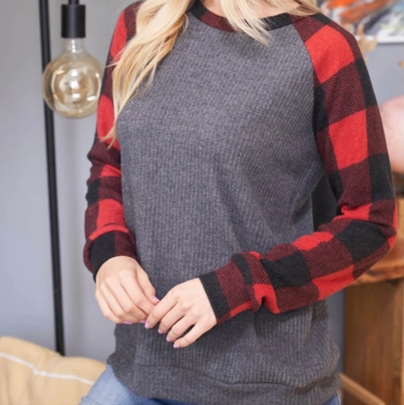 NWOT Buffalo Plaid Waffle Top - Picture 1 of 2
